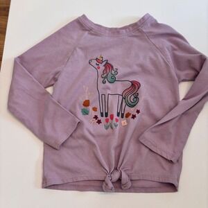 Girls Purple Unicorn Graphic Long Sleeve Front Tie Knot Top Size 4T Spring Shirt